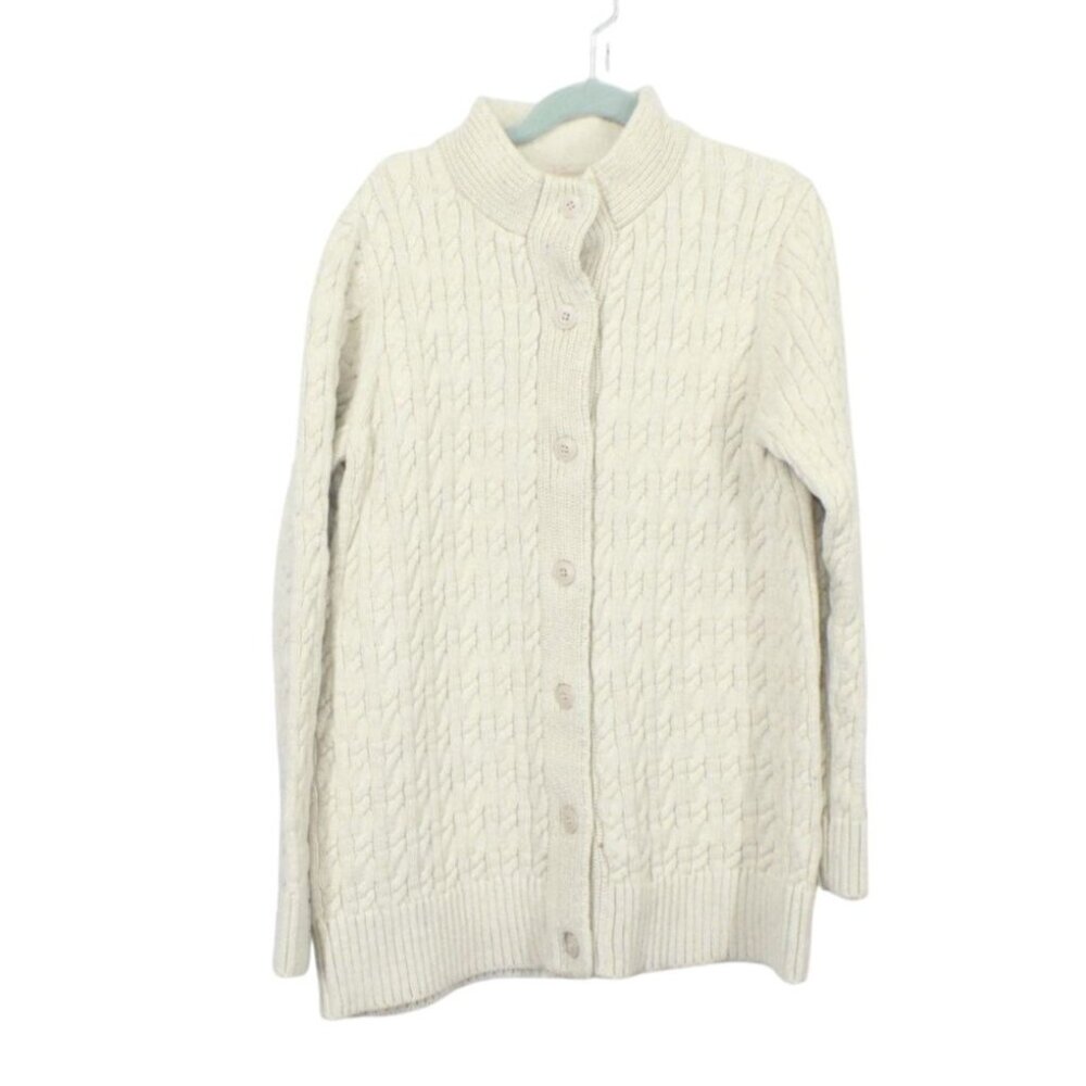 LL Bean Double L Mixed Cable Sweater Button Front Cardigan Cream Medium
